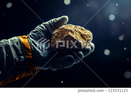 an astronaut hand holding silver platinum or rare earth mineral ore from the mine. 123531125