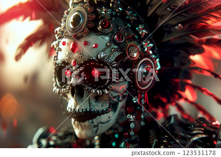 Day of The Dead. Woman with sugar skull makeup on a floral background in the street. AI Generated Day of The Dead. Woman with sugar skull makeup on a floral background in the street. AI Generated 123531178