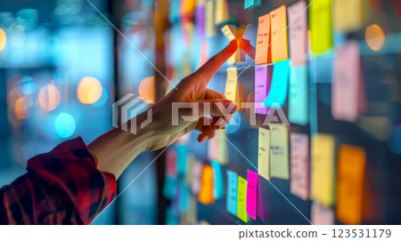 Agile software development scrum methodology boards. workflow, Finger touching virtual interface.AI generative 123531179