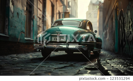 Vintage Vibes. Image of a blue car on city streets with a retro aesthetic 123531294