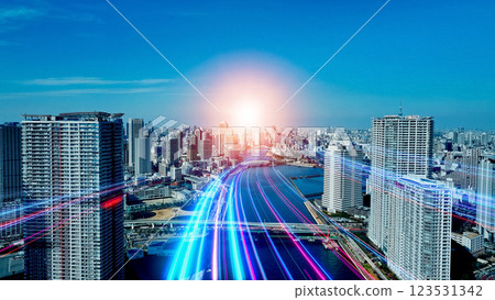 A belt of light extending into the future City and network 123531342