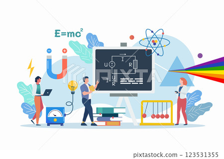 Science lab and school class. Physics scene with miniature people. 123531355