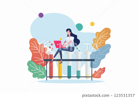 Woman sitting on flask tube. Chemistry scene with miniature people. 123531357