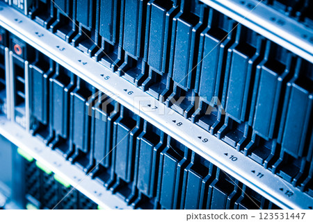 cluster of data storage SSD hard drives inside server rack 123531447