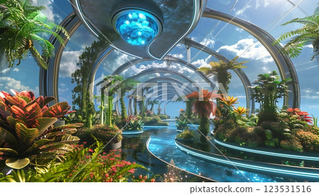 A surreal VR experience featuring a lush, bioluminescent garden with floating islands A surreal VR experience featuring a lush, bioluminescent garden with floating islands 123531516