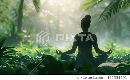 An image of a serene yogi practicing in a lush green setting, symbolizing the harmony of mind and body 123531591
