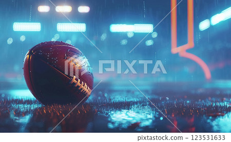 Image of a ball on a brightly lit field, goal posts blurred in the background, showing the energy and anticipation of the American Football Super Bowl Image of a ball on a brightly lit field, goal posts blurred in the background, showing the energy and anticipation of the American Football Super Bowl 123531633
