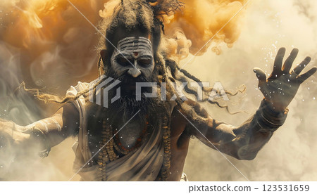 Naga Sadhu, smeared with ashes, dancing at Kumbh Mela 123531659