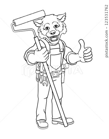 Wolf Painter Decorator Paint Roller Mascot Man 123531762