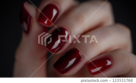 A stunning burgundy nail design on a woman's hand, showcasing a promotional idea 123531768
