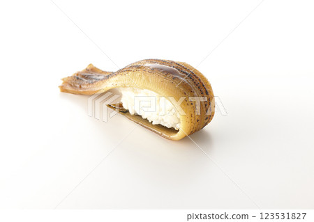 Grilled conger eel sushi photographed on a white background Grilled conger eel sushi photographed on a white background 123531827