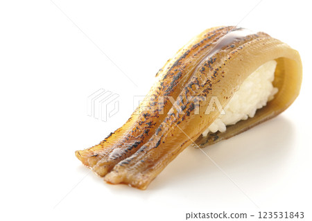 Grilled conger eel sushi photographed on a white background 123531843
