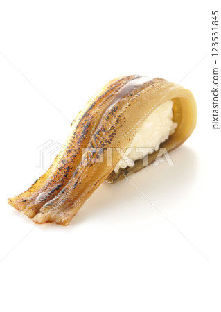 Grilled conger eel sushi photographed on a white background Grilled conger eel sushi photographed on a white background 123531845