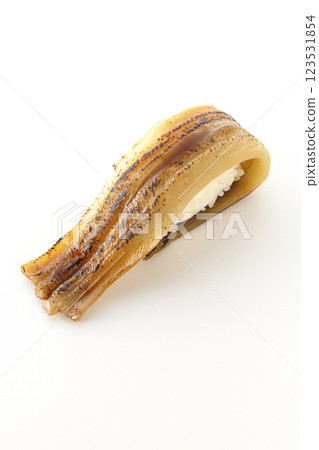 Grilled conger eel sushi photographed on a white background Grilled conger eel sushi photographed on a white background 123531854