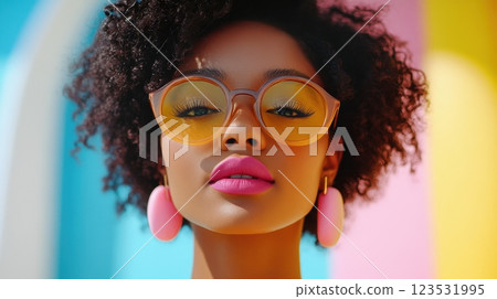 Confident Curly Haired Woman Wearing Vibrant Yellow Sunglasses and Makeup Posing Against Colorful 123531995