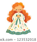 Cute little girl in a dress decorated with flowers. 123532018