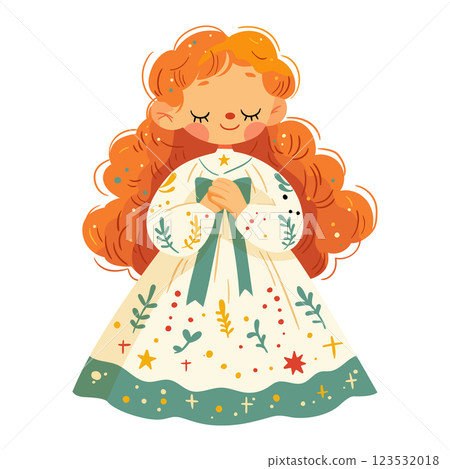 Cute little girl in a dress decorated with flowers. 123532018