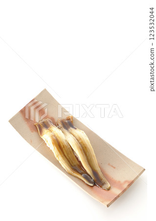 A single piece of conger eel sushi photographed on a white background 123532044
