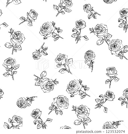 Sketchy seamless black and white floral pattern with roses. Good for textile or wrapping paper. Chaotic flowers background. Outline doodle flowers design 123532074