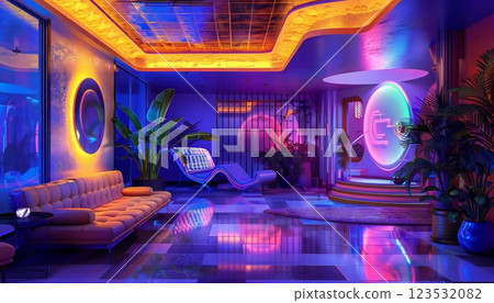 A digital artwork blending vibrant 80s colors with modern design, evoking a nostalgic feel 123532082