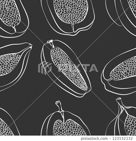 Papaya seamless pattern. Fruit monochrome background. Food black and white sketch print Papaya seamless pattern. Fruit monochrome background. Food black and white sketch print 123532132