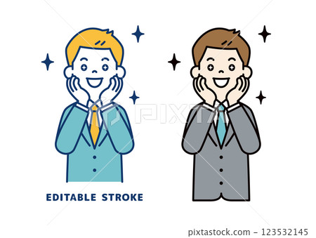 眼睛閃閃發光、充滿喜悅的年輕商人的向量插圖_線寬可以編輯 123532145