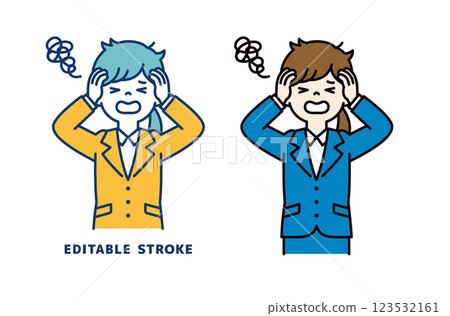 Vector illustration of a young female office worker holding her head with both hands_Line width can be edited 123532161