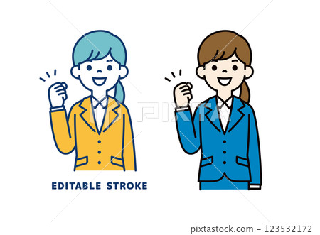 Vector illustration of a young female office worker smiling and raising her fist in the air_Line width can be edited Vector illustration of a young female office worker smiling and raising her fist in the air_Line width can be edited 123532172