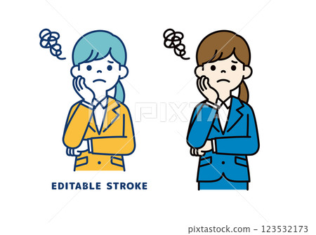 Vector illustration of a young female office worker who is worried with her hand on her cheek_Line width can be edited Vector illustration of a young female office worker who is worried with her hand on her cheek_Line width can be edited 123532173