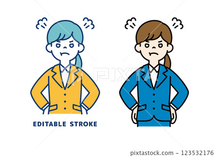 Vector illustration of a young female office worker who is angry with her hands on her hips_Line width can be edited 123532176