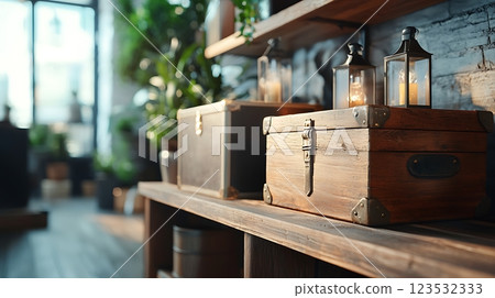 A cozy and inviting rustic storage room with vintage trunks lanterns and other antique decor items displayed on wooden shelves creating a warm and charming atmosphere 123532333