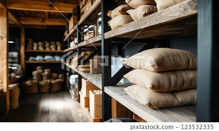 A cozy and rustic storage room featuring wooden shelves adorned with stacks of burlap sacks filled with various organic produce and grains 123532335