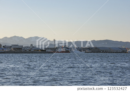 Hakodate Bay at dusk as seen from Toyokawa Wharf Hakodate Bay at dusk as seen from Toyokawa Wharf 123532427