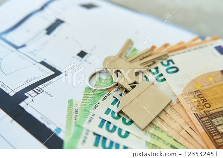 House keys and euro banknotes on blueprint House keys and euro banknotes on blueprint 123532451