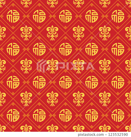 Seamless pattern Chinese oriental for New Year on red color background, vector illustration 123532590