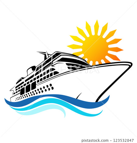 Big cruise sea liner on blue waves and yellow sun 123532847