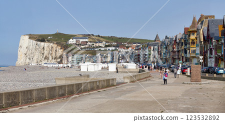 Panoramic view of the rows of colorful half-timbered townhouses in Mers-les-Bains Panoramic view of the rows of colorful half-timbered townhouses in Mers-les-Bains 123532892