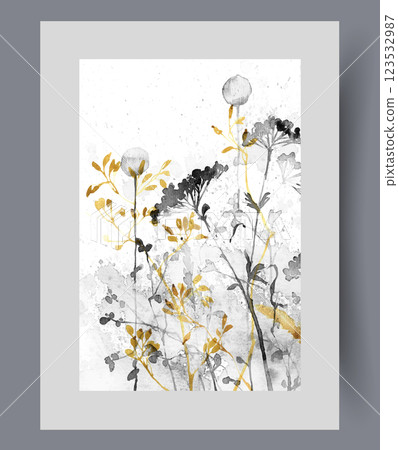 Field herbs and plants or aerial dandelions grow in summer meadow on wall art. Watercolor artwork 123532987