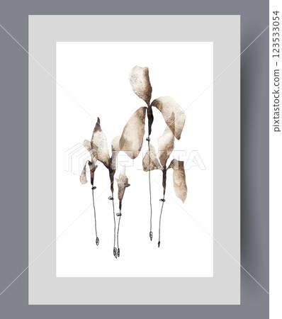 Gloomy wildflowers with large petals grow in spring meadow on wall art. Watercolor artwork 123533054