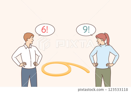 Different opinions about two business people looking at number six or nine from opposite sides 123533118