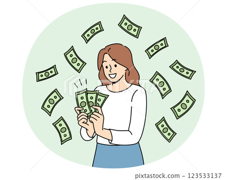 Woman with money banknotes rejoices at receiving high income for work performed or services provided Woman with money banknotes rejoices at receiving high income for work performed or services provided 123533137