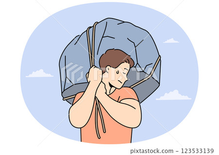 Man lifts huge stone demonstrating strength and readiness for difficult work to achieve success 123533139