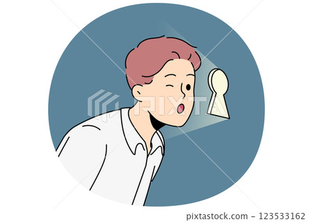 Curious business man looks through keyhole, wanting to find out corporate secrets competitors Curious business man looks through keyhole, wanting to find out corporate secrets competitors 123533162