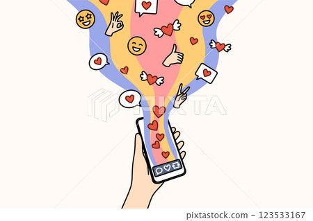 Social network in phone in child hand, with stream of hearts and comments or positive gestures 123533167