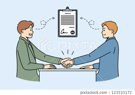 Business agreement partners shaking hands after signing important contract on strategic cooperation 123533172