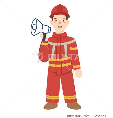 Handdrawn Organic Fireman Speaking Through a Megaphone 123533190