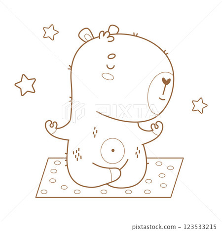 Outline Capybara meditation in lotus pose sitting on mat. Funny calm athlete cartoon animal yogi. Line drawing, coloring book. Vector illustration. Kids collection Outline Capybara meditation in lotus pose sitting on mat. Funny calm athlete cartoon animal yogi. Line drawing, coloring book. Vector illustration. Kids collection 123533215