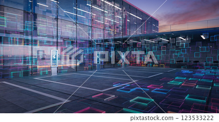 Smart ev car park charges batteries at futuristic building 123533222