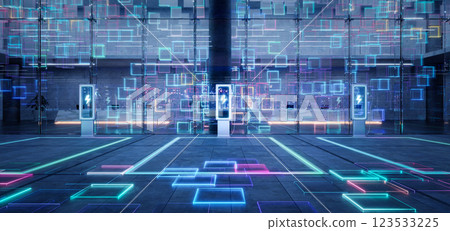 Futuristic charging stations with neon digital grid Futuristic charging stations with neon digital grid 123533225