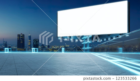 Blank billboard on futuristic rooftop with city skyline at dusk Blank billboard on futuristic rooftop with city skyline at dusk 123533266